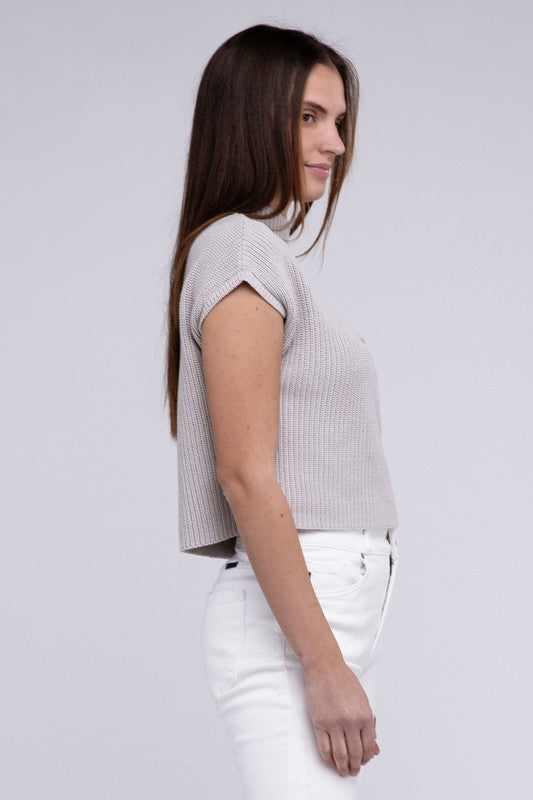 Mock Neck Short Sleeve Cropped Sweater by ZENANA | Fleurcouture