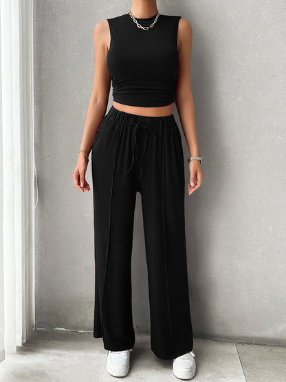 Mock Neck Sleeveless Top and Drawstring Pants Set Black S Women&