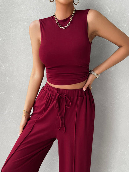 Mock Neck Sleeveless Top and Drawstring Pants Set Burgundy S Women&