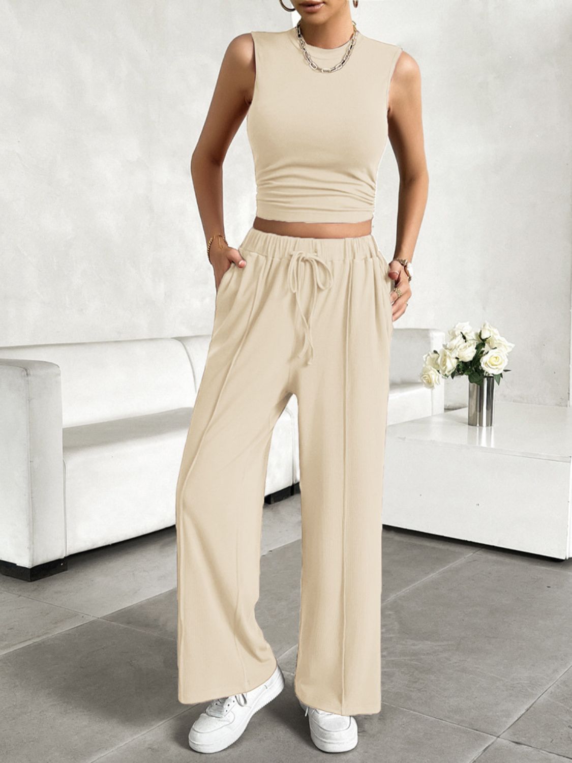 Mock Neck Sleeveless Top and Drawstring Pants Set Tan S Women&