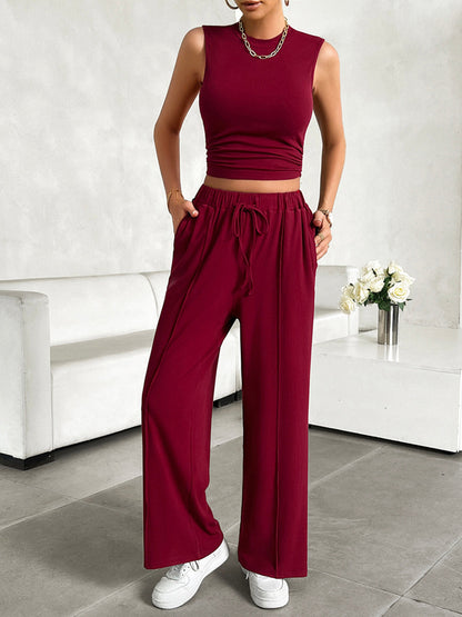 Mock Neck Sleeveless Top and Drawstring Pants Set Women&