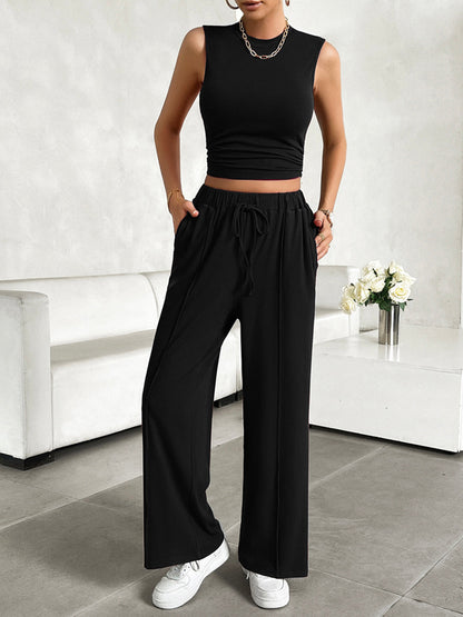 Mock Neck Sleeveless Top and Drawstring Pants Set Women&