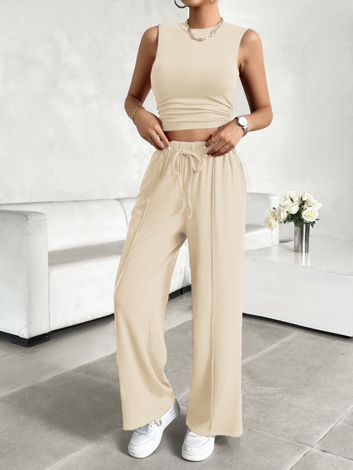 Mock Neck Sleeveless Top and Drawstring Pants Set Women&