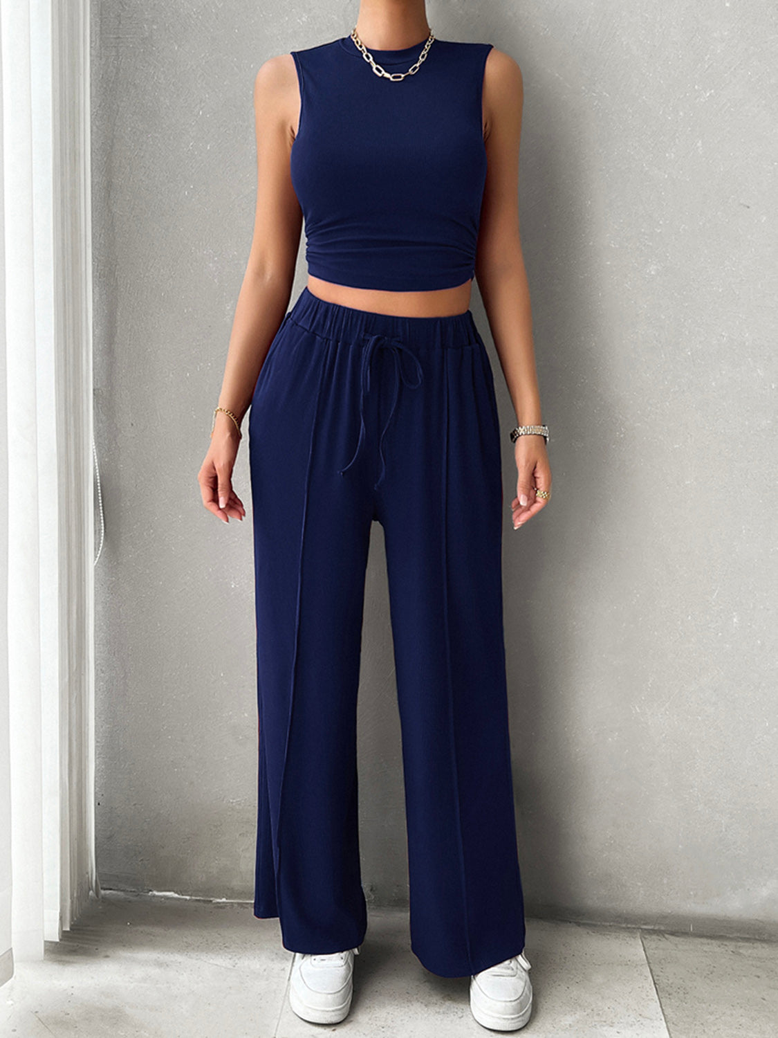 Mock Neck Sleeveless Top and Drawstring Pants Set Women&