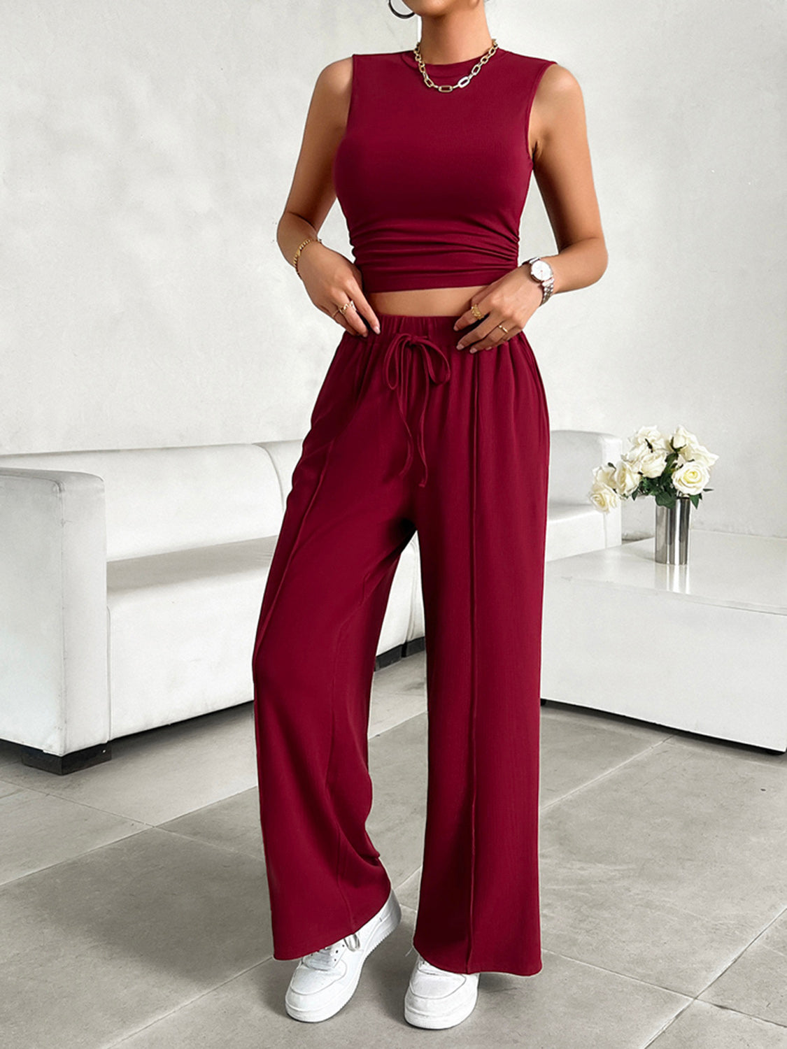 Mock Neck Sleeveless Top and Drawstring Pants Set Women&