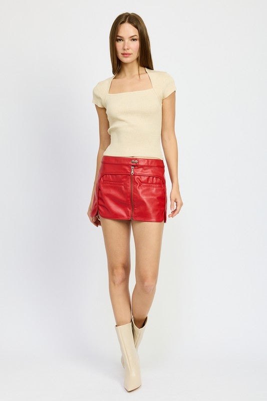 MOTO MINI SKIRT WITH ZIPPER DK RED S by Emory Park | Fleurcouture