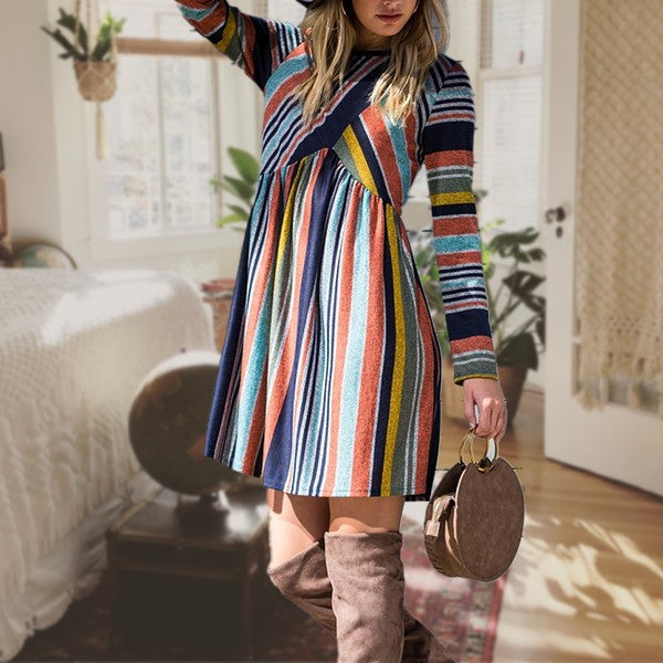 Multi Color Cross Stripe Midi Dress ORANGE NAVY S by EG fashion | Fleurcouture