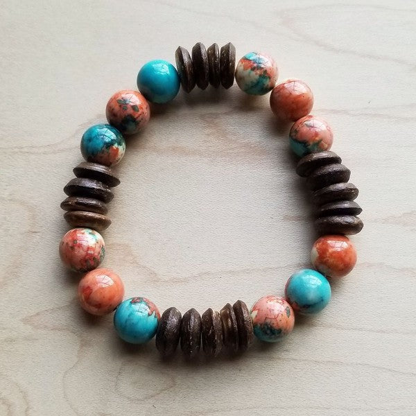 Multi-Colored Turquoise and Wood Stretch Bracelet red 1 by The Jewelry Junkie | Fleurcouture