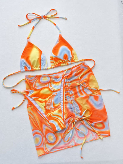 Multicolored Drawstring Ruched Three-Piece Swim Set Multicolor Swimwear by Trendsi | Fleurcouture