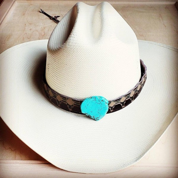 Navajo Embossed Leather Hat Band w/ Turquoise Slab green 1 by The Jewelry Junkie | Fleurcouture