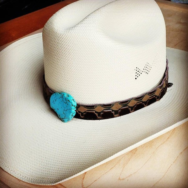 Navajo Embossed Leather Hat Band w/ Turquoise Slab green 1 by The Jewelry Junkie | Fleurcouture