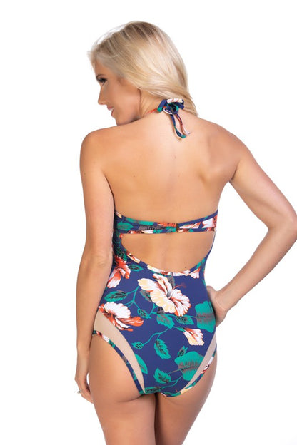 NAVY FLORAL MESH INSERTS ONE PIECE SWIMSUIT Navy/Floral by Beach Joy Bikini | Fleurcouture