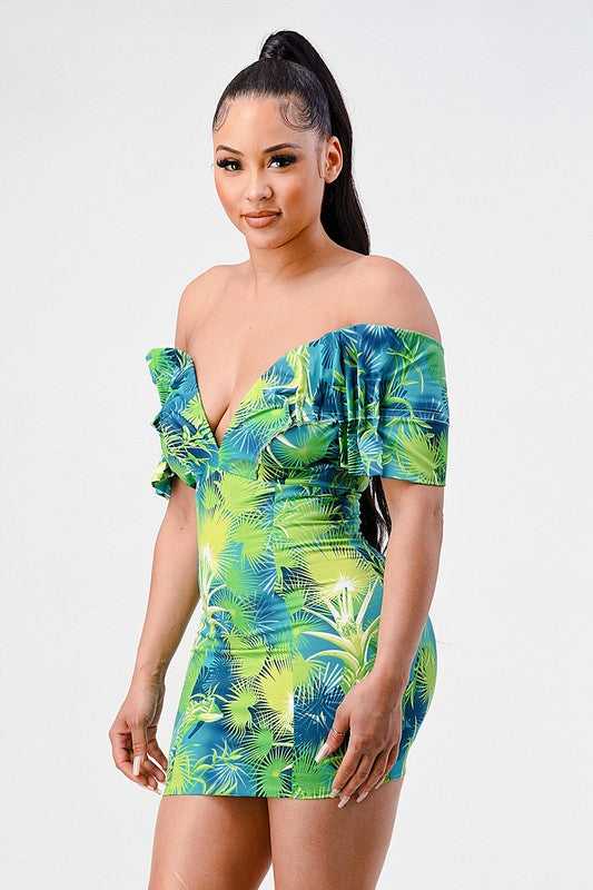 Neon garden off shoulder fitted mini dress multi by Athina | Fleurcouture