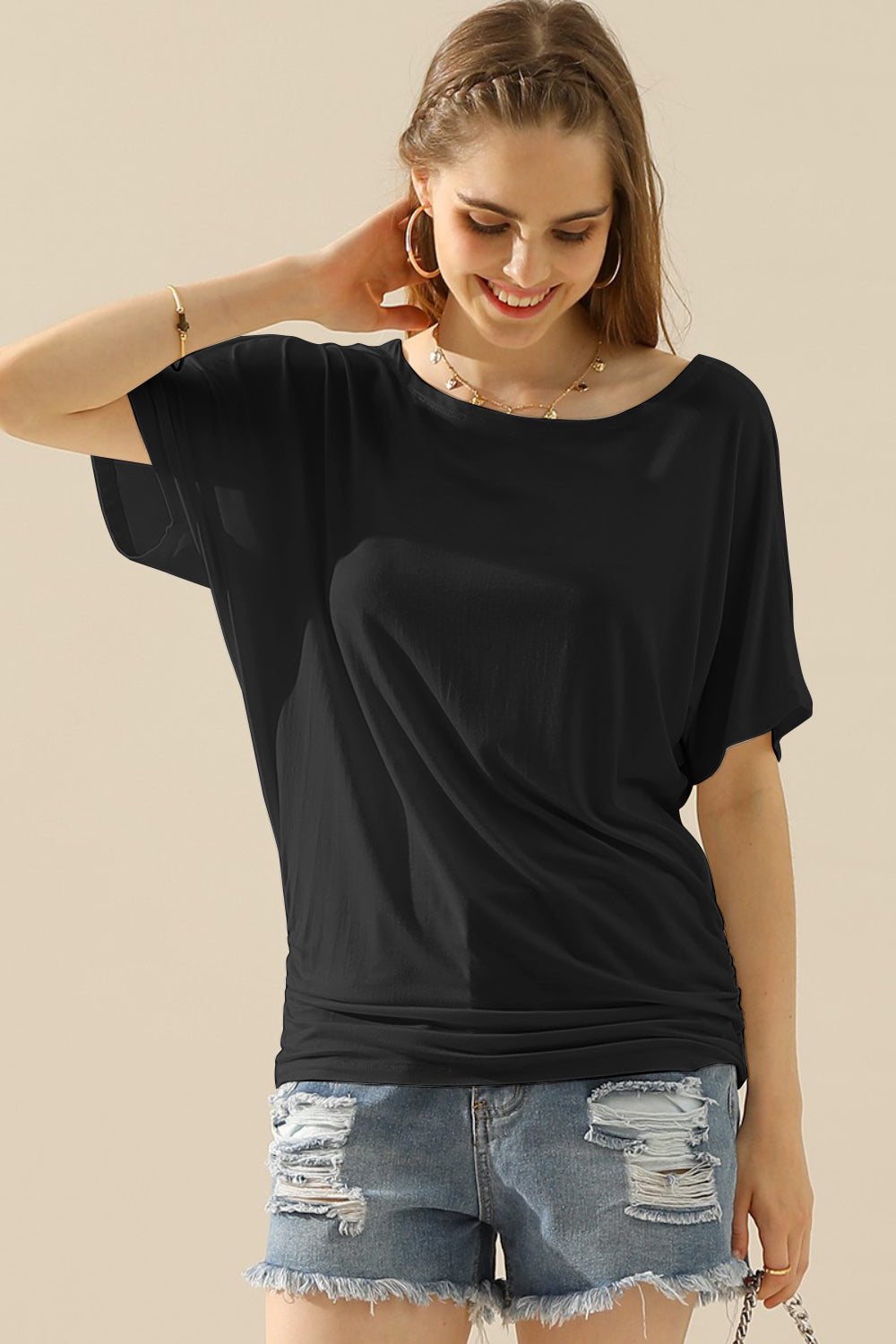 Ninexis Boat Neck Short Sleeve Ruched Side Top BLACK S Women&