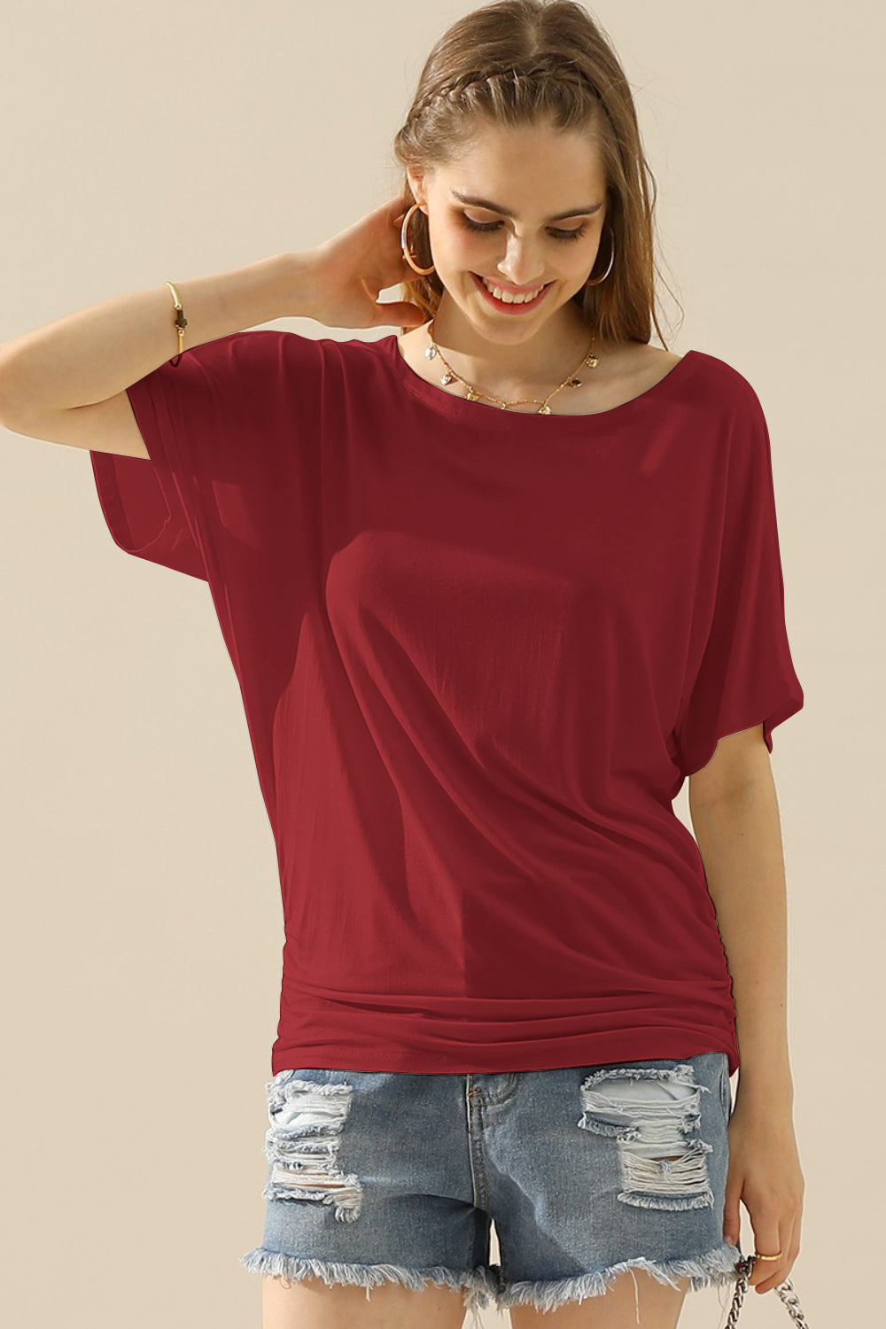 Ninexis Boat Neck Short Sleeve Ruched Side Top BURGUNDY S Women&