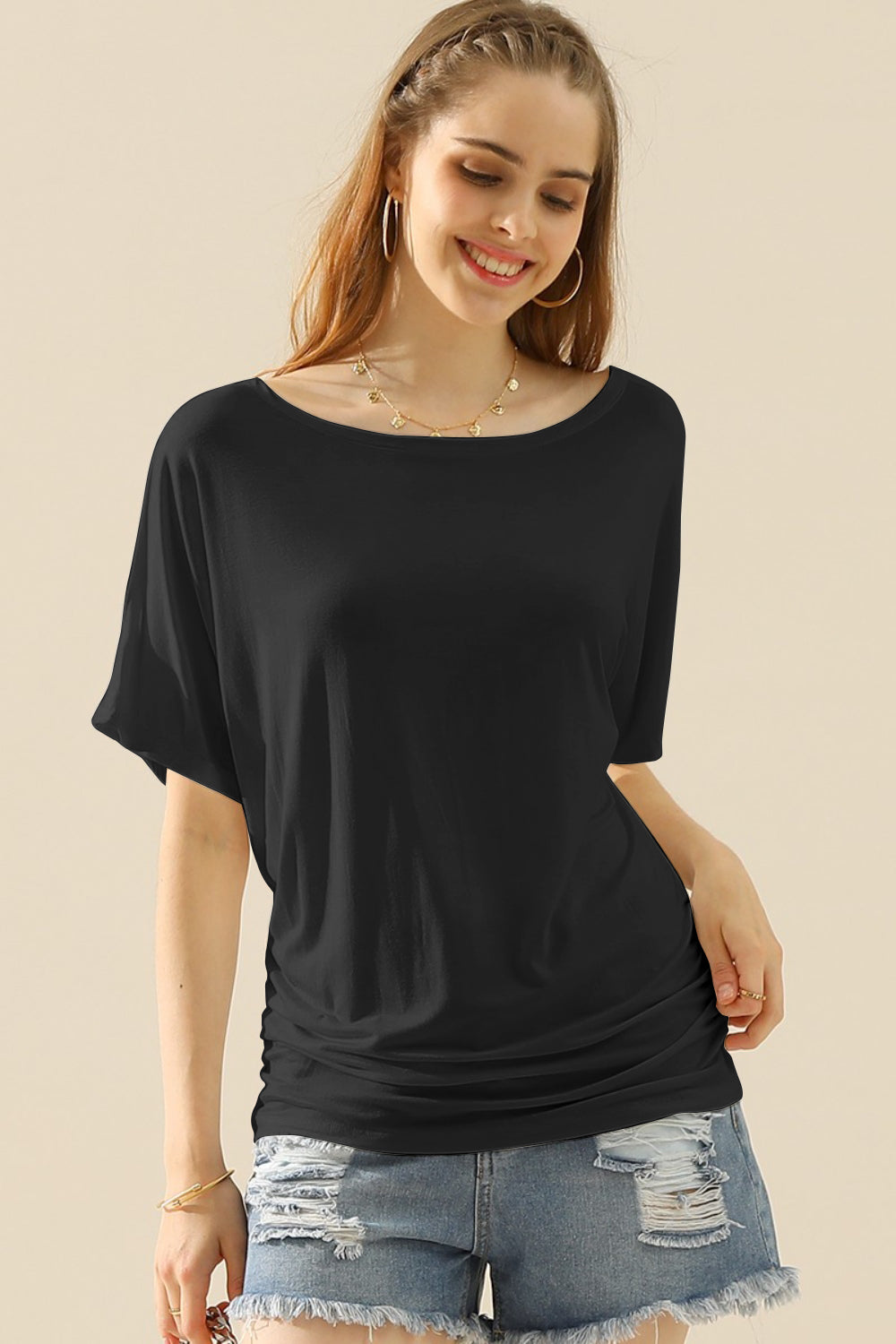 Ninexis Boat Neck Short Sleeve Ruched Side Top Women&