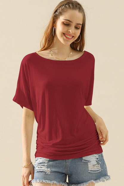 Ninexis Boat Neck Short Sleeve Ruched Side Top Women&