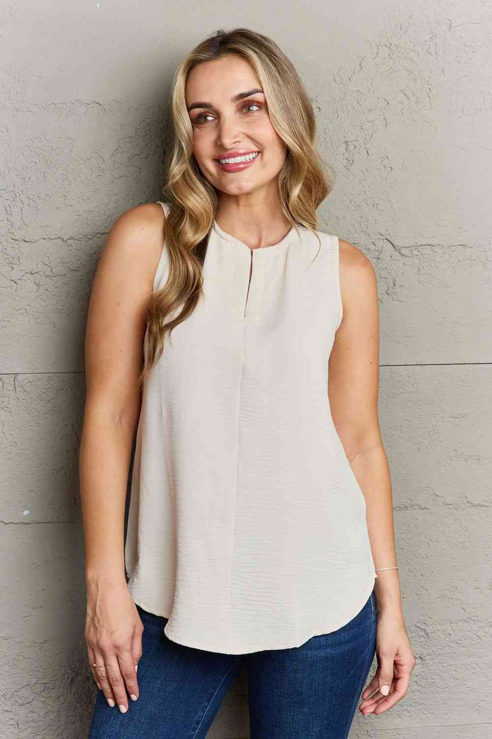 Ninexis First Glance Sleeveless Neckline Slit Top Beige S Tops by Trendsi | Fleurcouture