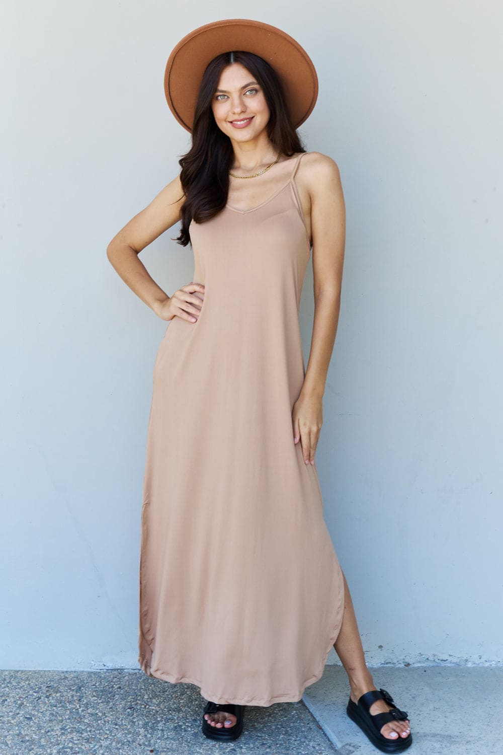 Ninexis Good Energy Full Size Cami Side Slit Maxi Dress in Camel Camel S by Trendsi | Fleurcouture