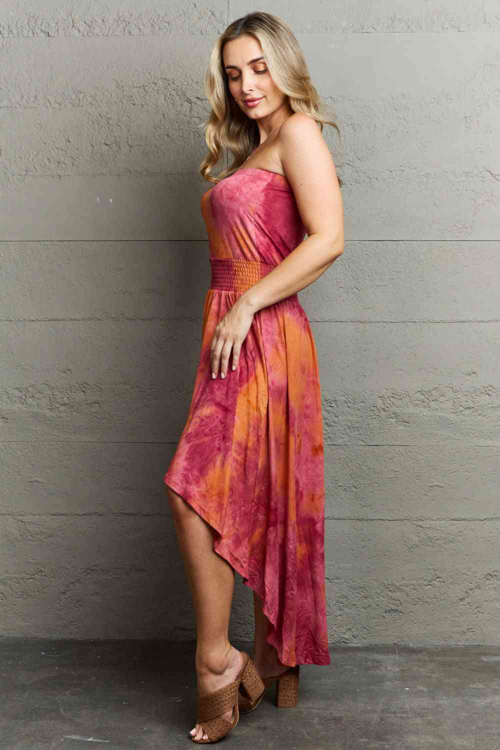 Ninexis In The Mix Sleeveless High Low Tie Dye Dress Deep Red by Trendsi | Fleurcouture