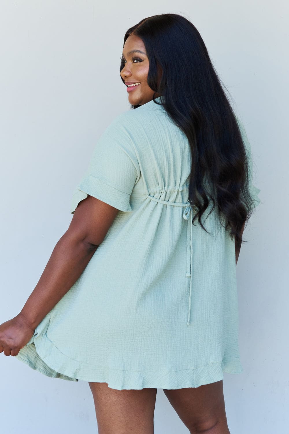 Ninexis Out Of Time Full Size Ruffle Hem Dress with Drawstring Waistband in Light Sage Light Sage by Trendsi | Fleurcouture