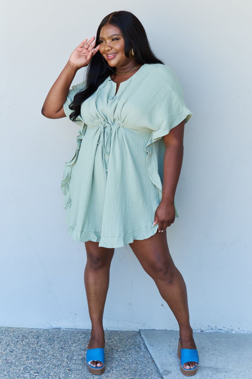 Ninexis Out Of Time Full Size Ruffle Hem Dress with Drawstring Waistband in Light Sage Light Sage by Trendsi | Fleurcouture