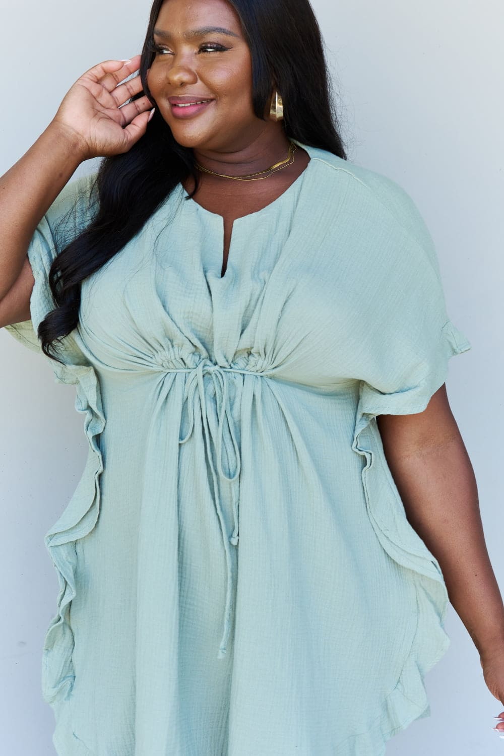 Ninexis Out Of Time Full Size Ruffle Hem Dress with Drawstring Waistband in Light Sage Light Sage by Trendsi | Fleurcouture