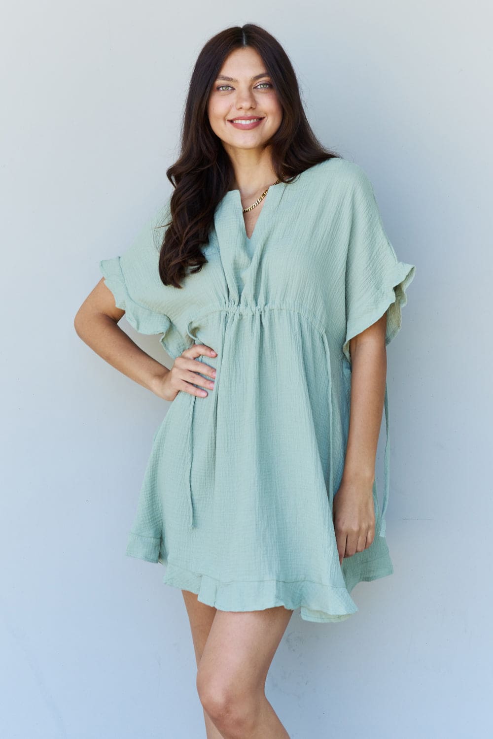 Ninexis Out Of Time Full Size Ruffle Hem Dress with Drawstring Waistband in Light Sage Light Sage by Trendsi | Fleurcouture