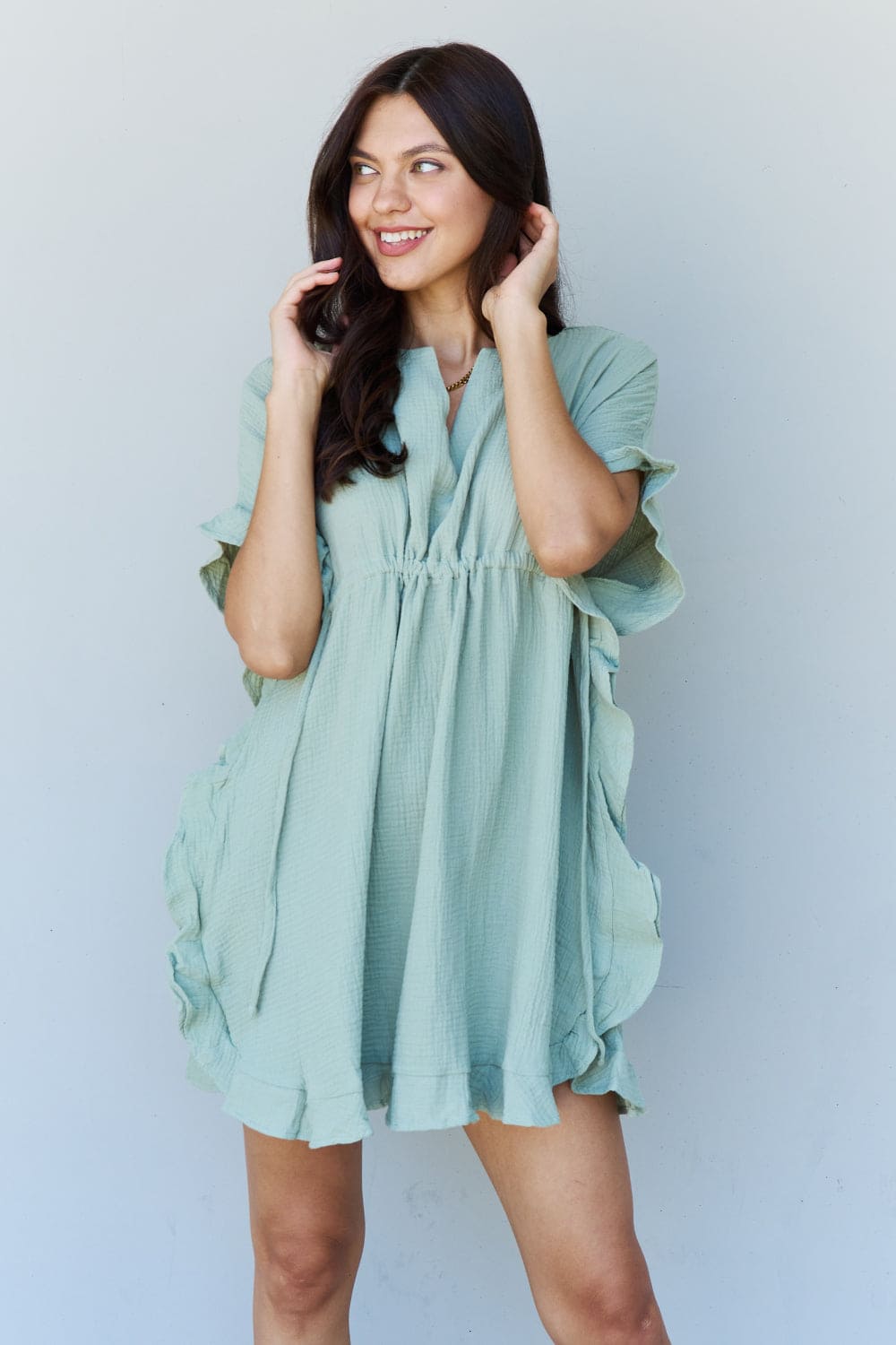 Ninexis Out Of Time Full Size Ruffle Hem Dress with Drawstring Waistband in Light Sage Light Sage by Trendsi | Fleurcouture