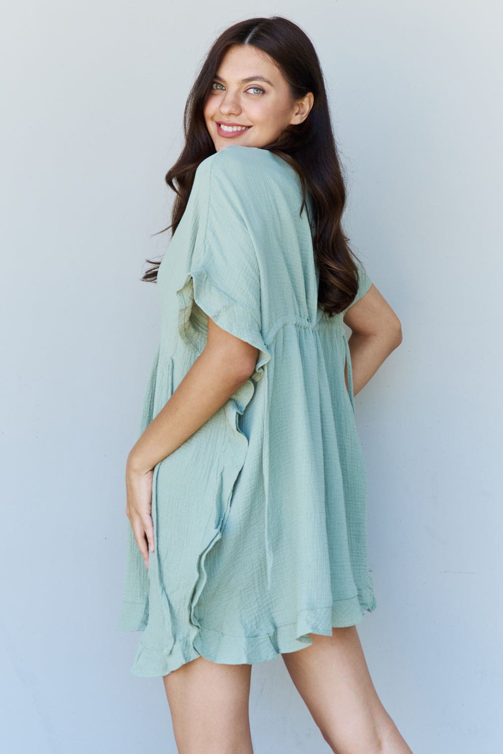 Ninexis Out Of Time Full Size Ruffle Hem Dress with Drawstring Waistband in Light Sage Light Sage by Trendsi | Fleurcouture