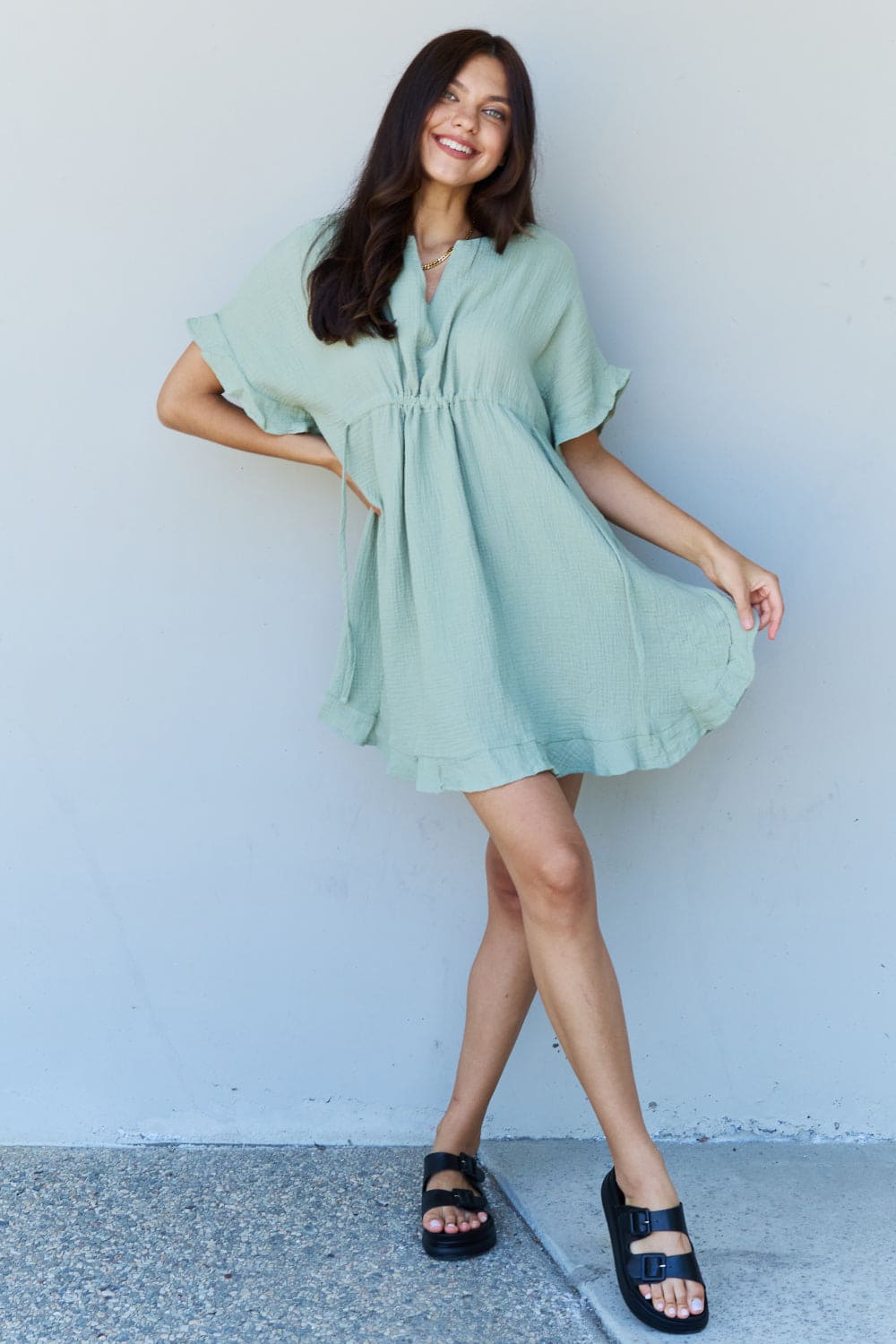 Ninexis Out Of Time Full Size Ruffle Hem Dress with Drawstring Waistband in Light Sage Light Sage by Trendsi | Fleurcouture