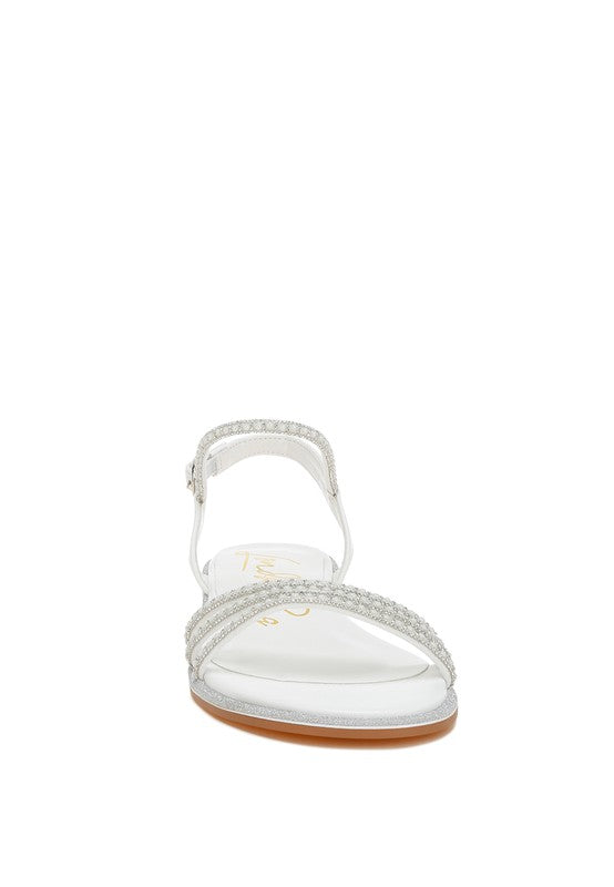 Nobbity Rhinestone Pearl Detail Flat Sandals by Rag Company | Fleurcouture