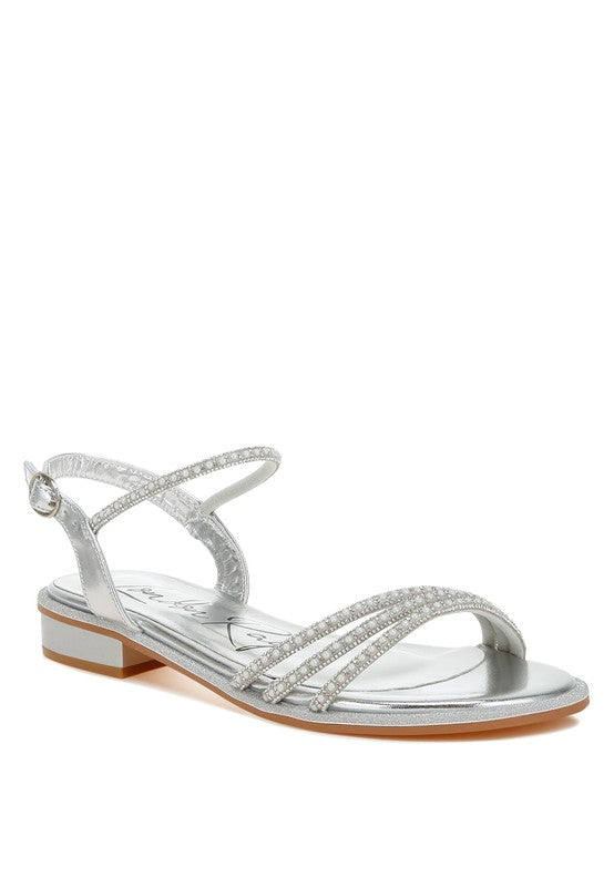 Nobbity Rhinestone Pearl Detail Flat Sandals Silver US-5 / UK-3 / EU-36 by Rag Company | Fleurcouture