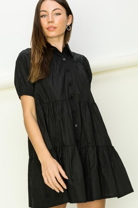 Not Your Girl Tiered Button-Up Mini Dress BLACK L by HYFVE | Fleurcouture