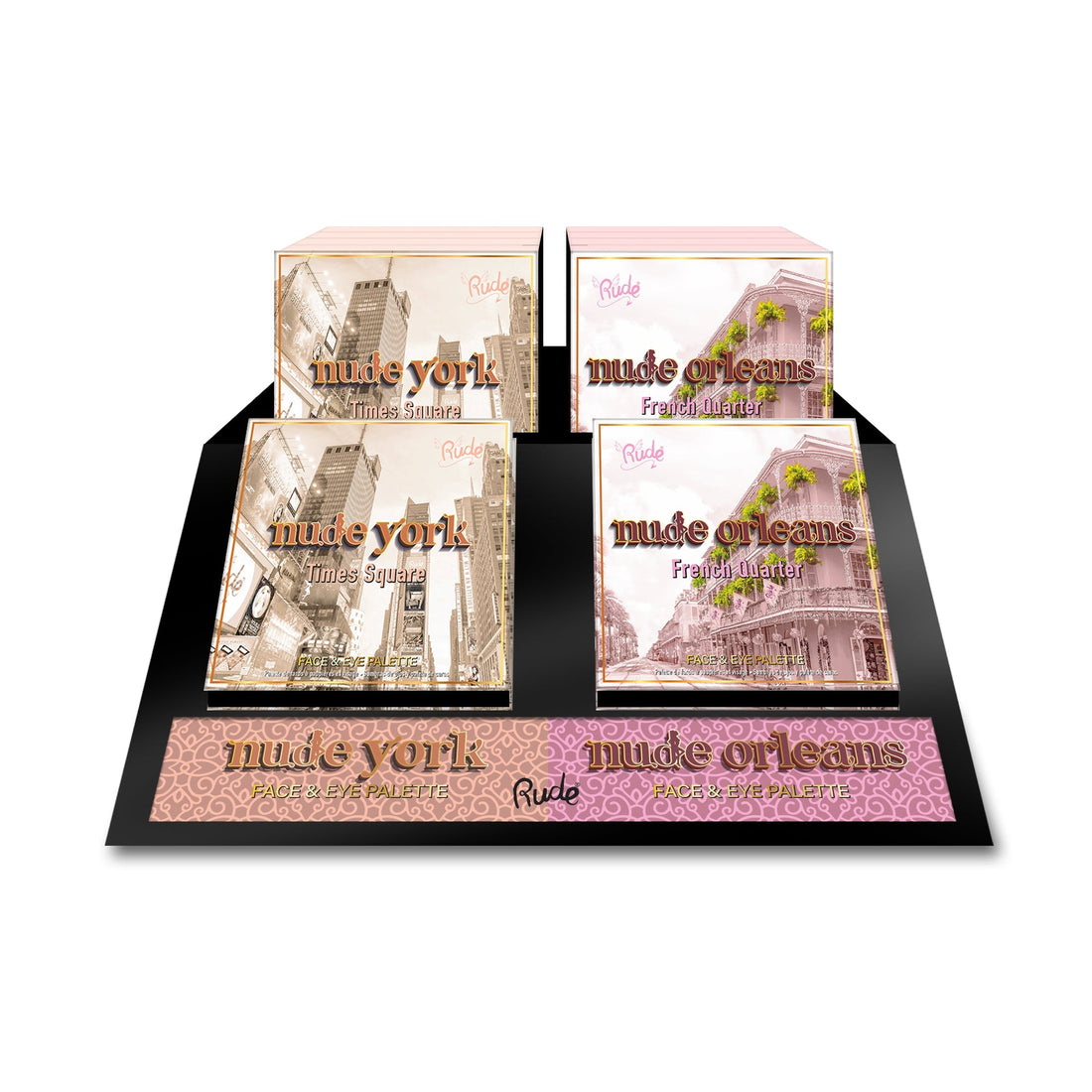Nude York & Nude Orleans Face & Eyeshadow Palette Display Set, 12 pcs Wholesale Set by Rude Cosmetics | Fleurcouture