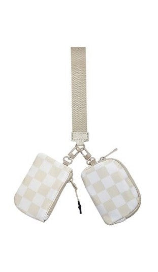 Nylon Double Pouch Clip On Wristlet Wallets Checker Beige 1 by Dani & Em | Fleurcouture