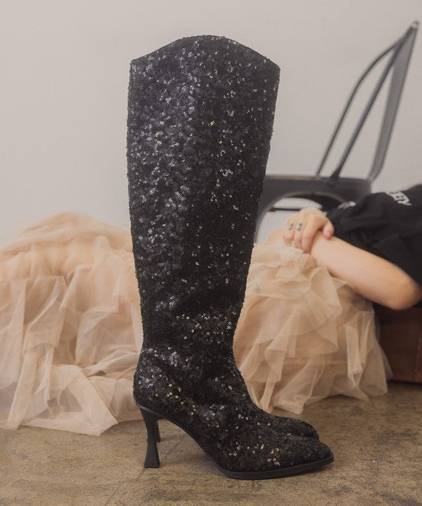 OASIS SOCIETY Jewel - Knee High Sequin Boots BLACK 6 by Oasis Society | Fleurcouture