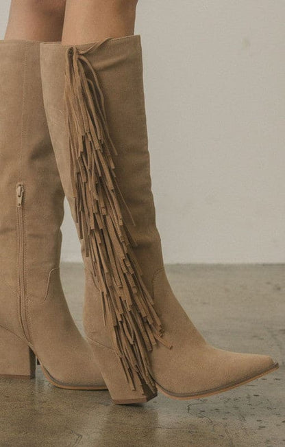 OASIS SOCIETY OUT WEST - Knee-High Fringe Boots KHAKI 6 by Oasis Society | Fleurcouture