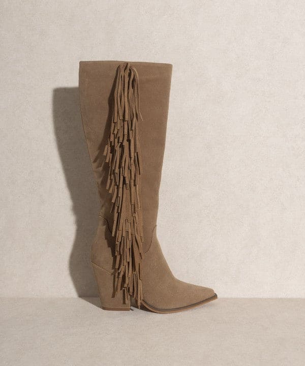 OASIS SOCIETY OUT WEST - Knee-High Fringe Boots KHAKI by Oasis Society | Fleurcouture