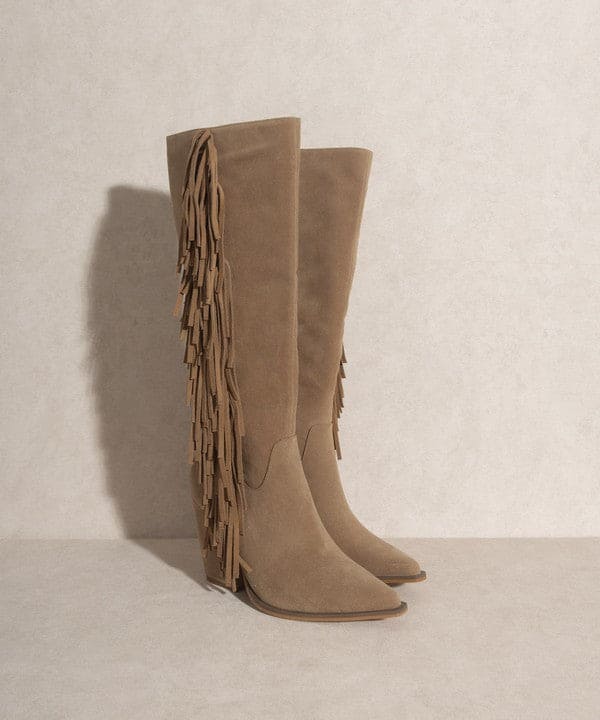 OASIS SOCIETY OUT WEST - Knee-High Fringe Boots KHAKI by Oasis Society | Fleurcouture