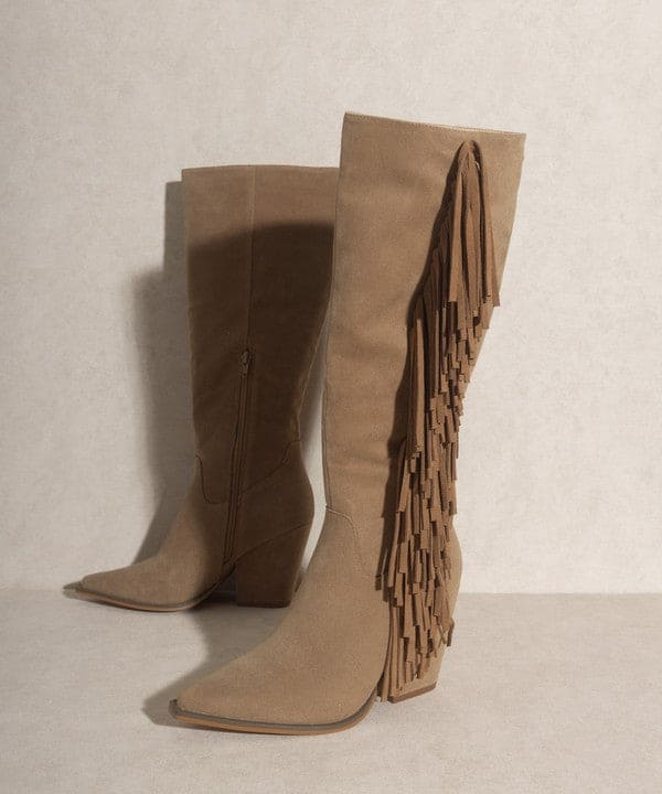 OASIS SOCIETY OUT WEST - Knee-High Fringe Boots KHAKI by Oasis Society | Fleurcouture