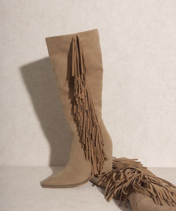 OASIS SOCIETY OUT WEST - Knee-High Fringe Boots KHAKI by Oasis Society | Fleurcouture