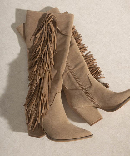 OASIS SOCIETY OUT WEST - Knee-High Fringe Boots KHAKI by Oasis Society | Fleurcouture