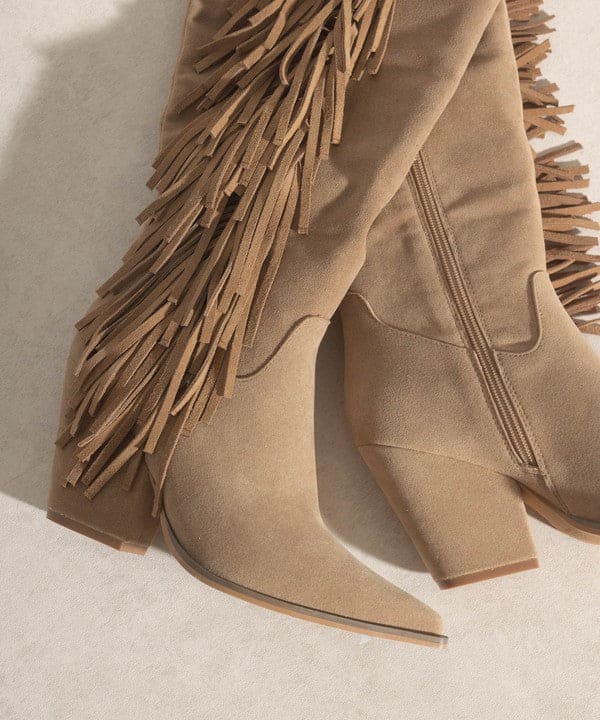 OASIS SOCIETY OUT WEST - Knee-High Fringe Boots KHAKI by Oasis Society | Fleurcouture