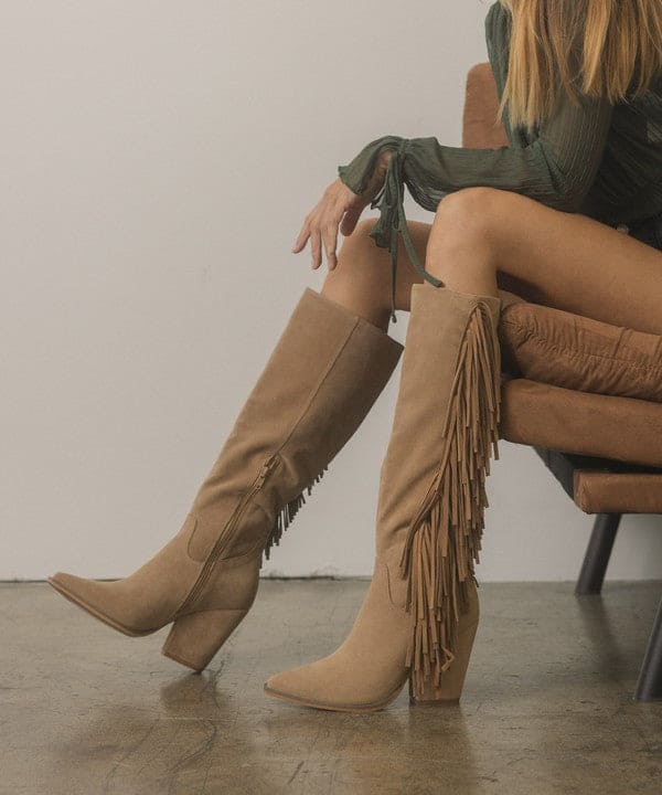 OASIS SOCIETY OUT WEST - Knee-High Fringe Boots KHAKI by Oasis Society | Fleurcouture