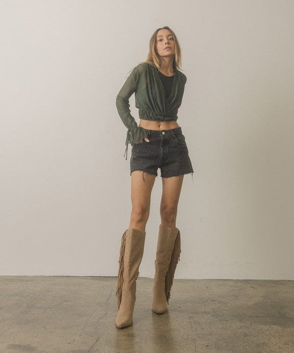 OASIS SOCIETY OUT WEST - Knee-High Fringe Boots KHAKI by Oasis Society | Fleurcouture