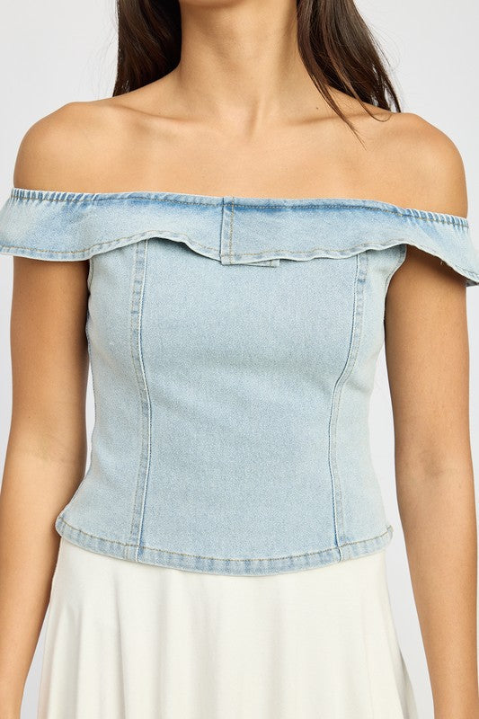 OFF SHOUDER BUSTIER TOP WITH BACK ZIPPER LT DENIM by Emory Park | Fleurcouture