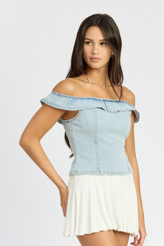 OFF SHOUDER BUSTIER TOP WITH BACK ZIPPER LT DENIM by Emory Park | Fleurcouture