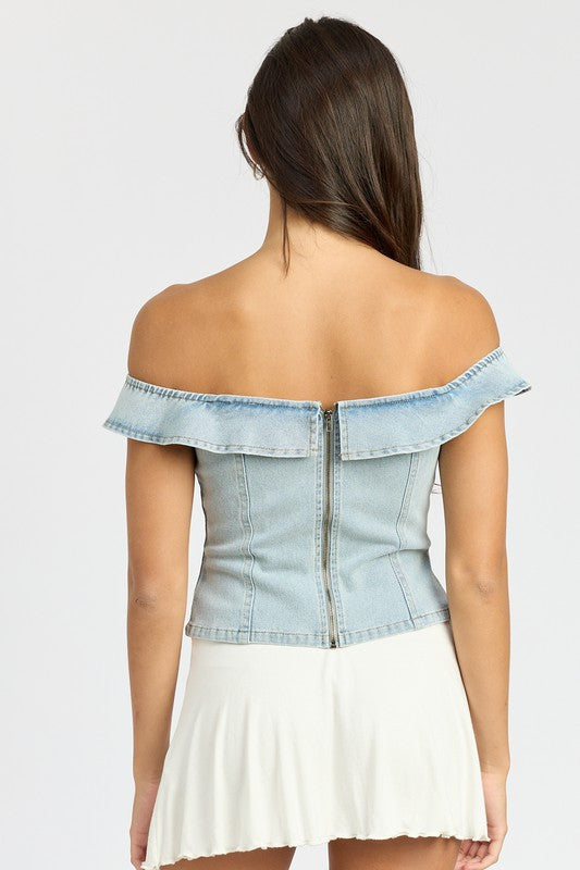 OFF SHOUDER BUSTIER TOP WITH BACK ZIPPER LT DENIM by Emory Park | Fleurcouture