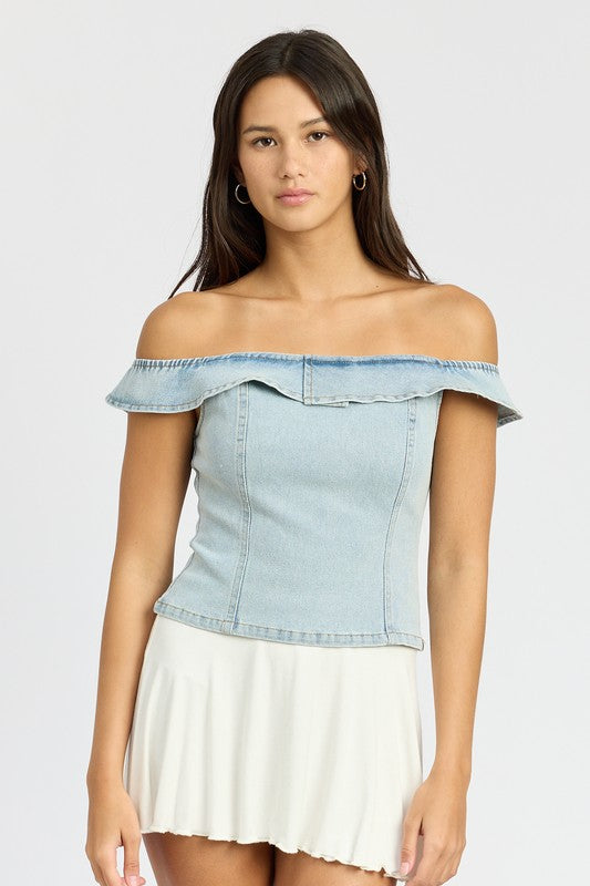 OFF SHOUDER BUSTIER TOP WITH BACK ZIPPER LT DENIM S by Emory Park | Fleurcouture